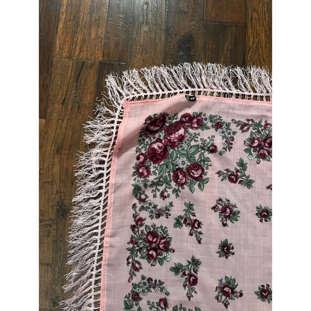 Vintage Kashmir Woole Floral Fringe Scarf - Pink Rose Square Wrap Bohemian Style